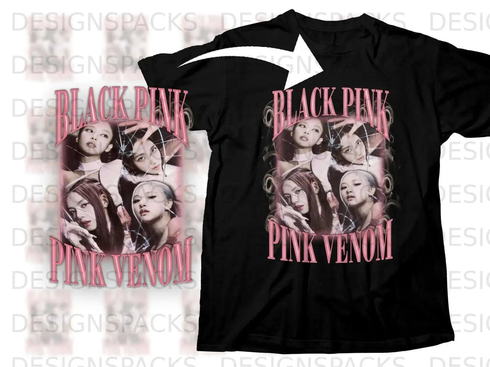Black t-shirt featuring the K-pop group BLACKPINK and "PINK VENOM" text.