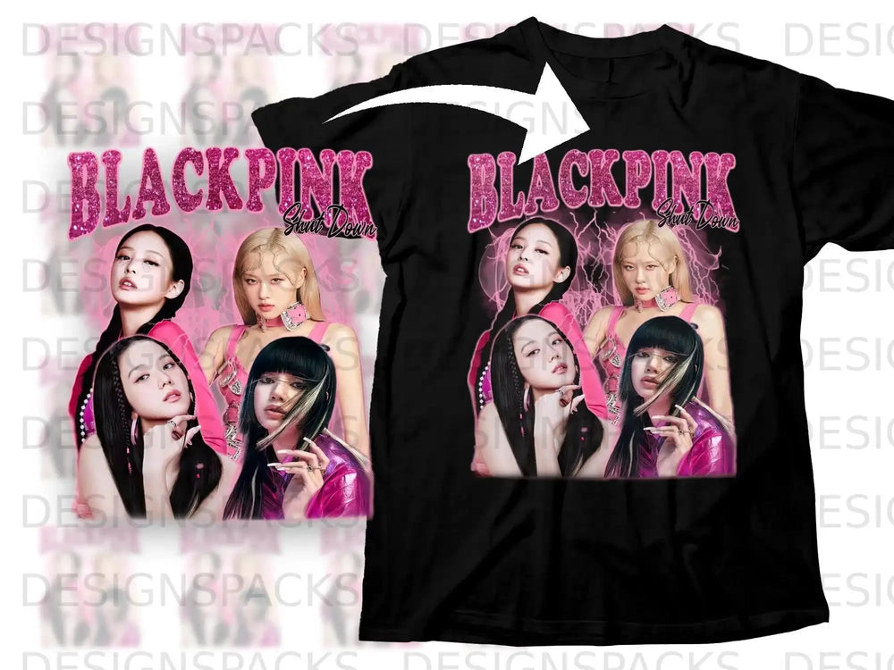 Blackpink members in pink outfits on a black t-shirt.