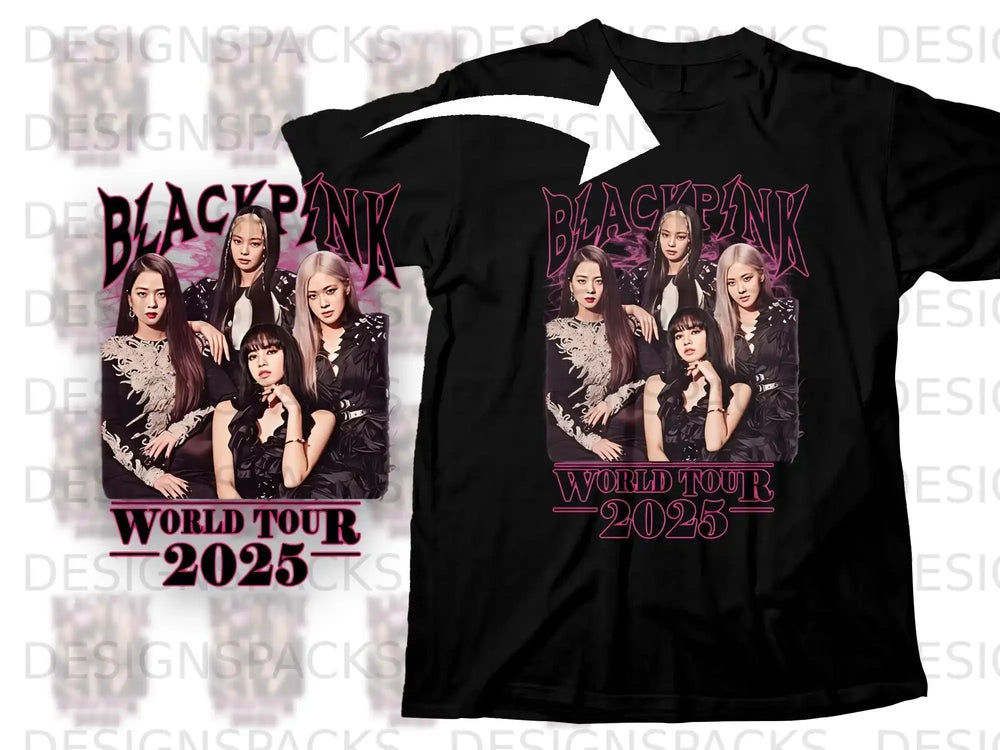 Blackpink members on a black t-shirt with "WORLD TOUR 2025" text.