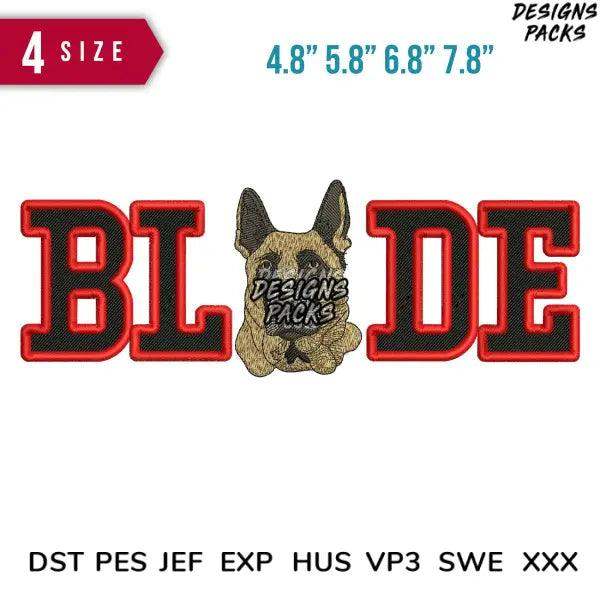 Embroidery design with 'BLADE' text and dog face, available in multiple sizes and formats