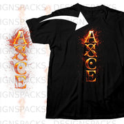 Black t-shirt with vertical "AXCE" text graphic in fiery orange font.