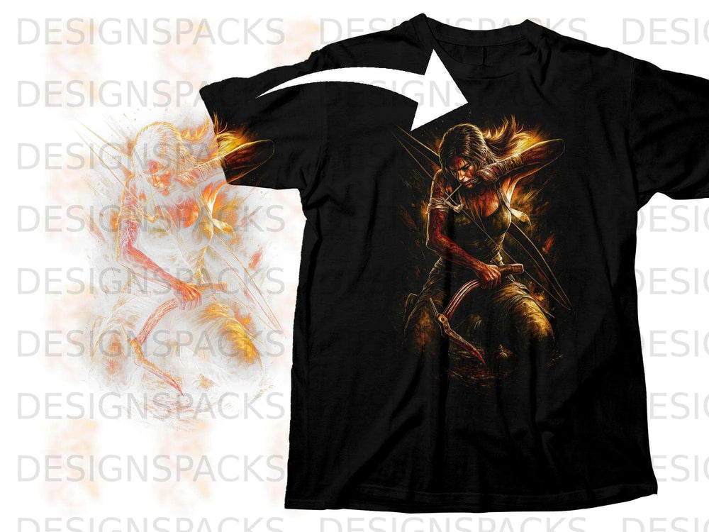 Black t-shirt featuring Lara Croft with bow and arrow, surrounded by fire effects.