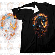 Black t-shirt featuring a fiery black horse design with glowing blue eyes.