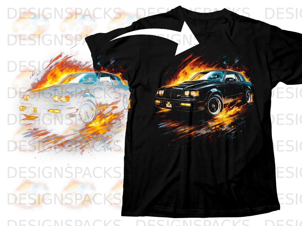 A black t-shirt features a graphic print of a classic car surrounded by fiery flames.