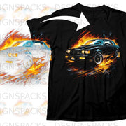 A black t-shirt features a graphic print of a classic car surrounded by fiery flames.