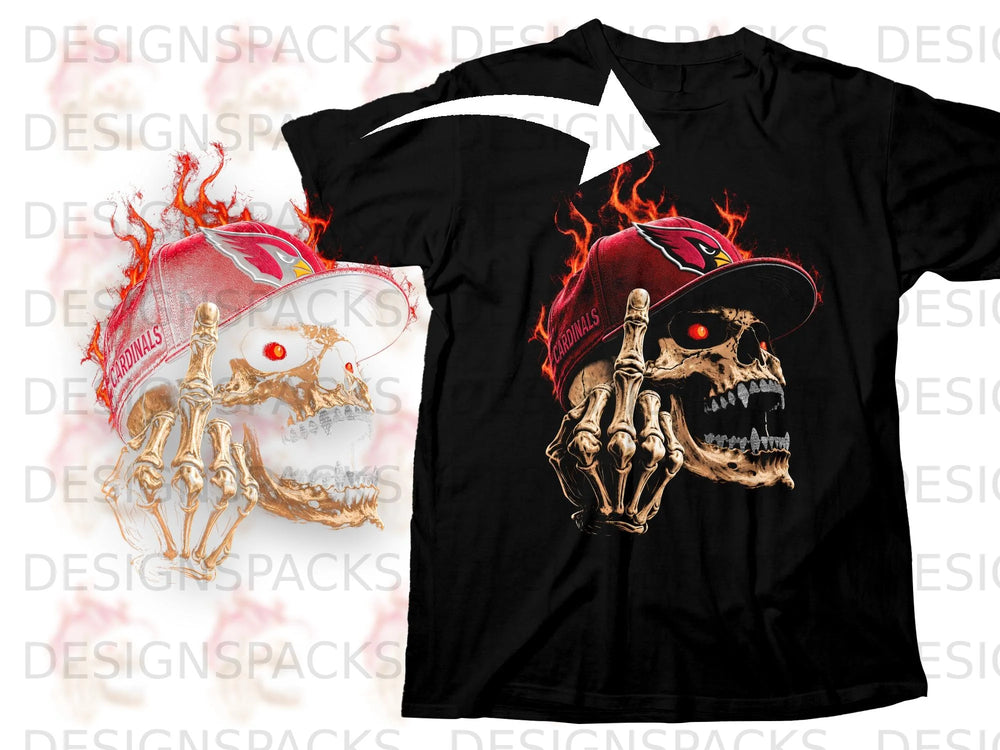 Black t-shirt with a fiery skeleton wearing a Cardinals hat and giving the middle finger.