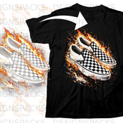 Black t-shirt featuring Vans checkerboard slip-on shoes engulfed in flames graphic.