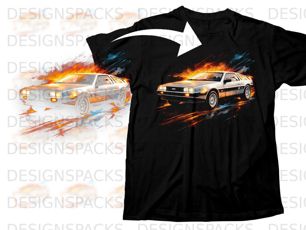 Black t-shirt with a graphic of a silver DeLorean car surrounded by flames.