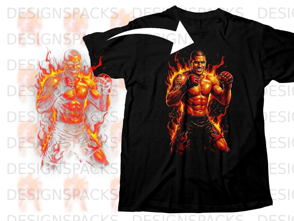 Black t-shirt featuring a muscular fighter engulfed in flames.
