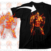 Black t-shirt featuring a muscular fighter engulfed in flames.