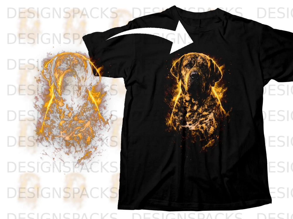 Black t-shirt with a brindled dog portrait engulfed in fiery orange and yellow light.