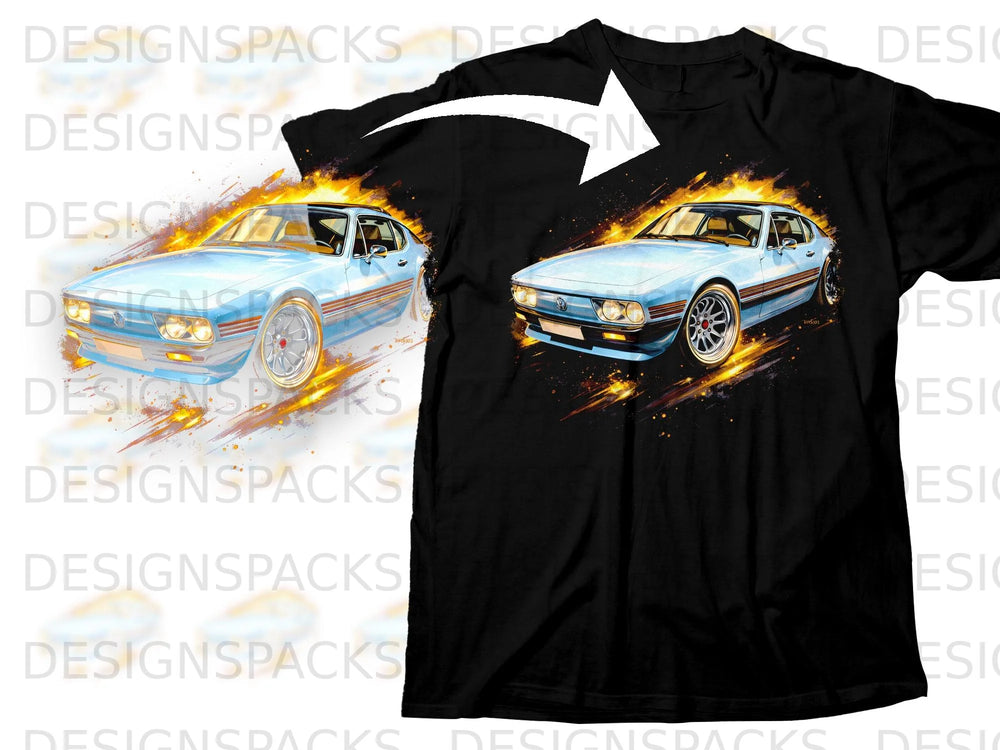 Black t-shirt with a blue car illustration on fire and motion effects.