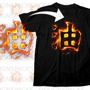 Black t-shirt with a flaming Japanese symbol for "oil" on the chest.