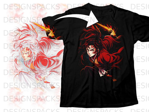 Black t-shirt featuring an anime character with red hair and a flaming sword.