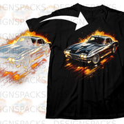 Black t-shirt with a dynamic graphic of a classic black car surrounded by flames.