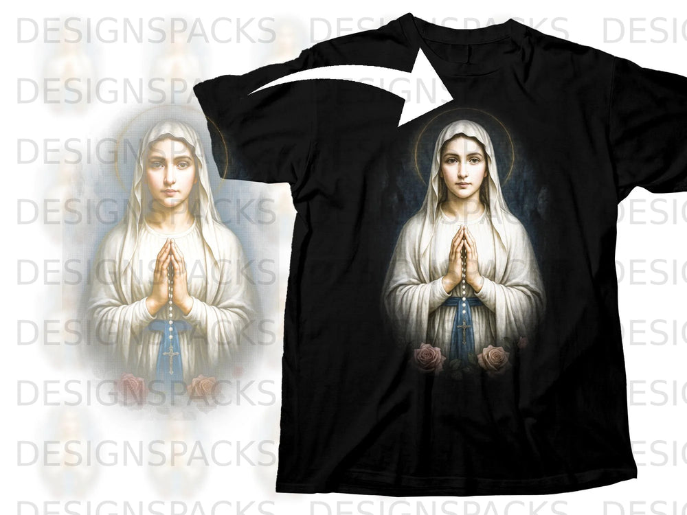 Black t-shirt featuring an image of the Virgin Mary with prayer beads and roses.