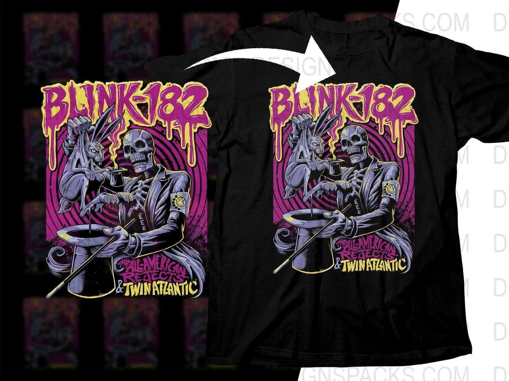 Blink-182 t-shirt design with skeleton and rabbit, vibrant purple and yellow graphics