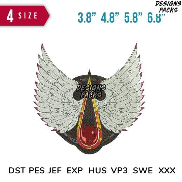 Embroidery design with angel wings and teardrop, available in 4 sizes and multiple file formats.