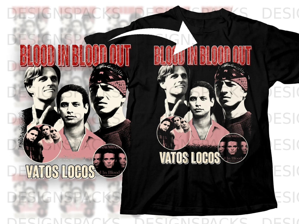Black t-shirt with "Blood in Blood Out" and "Vatos Locos" text, featuring character portraits.