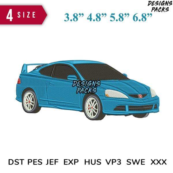 Blue sports car embroidery design in 4 sizes, compatible with DST PES JEF formats for instant download.