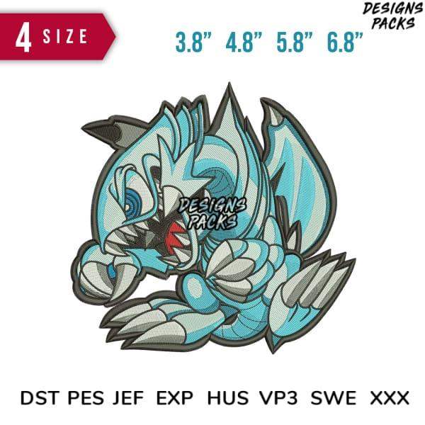 Blue dragon embroidery design in 4 sizes, compatible with DST PES JEF formats for instant download.