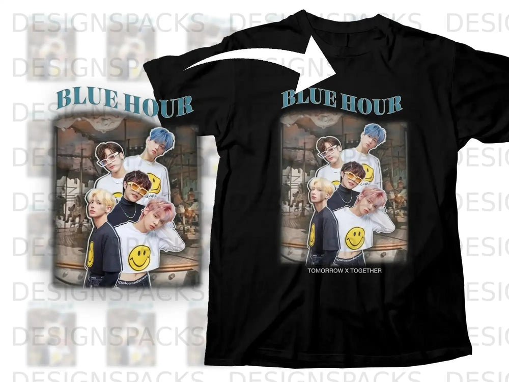 Black t-shirt featuring "BLUE HOUR" and Tomorrow X Together members with smiley faces.
