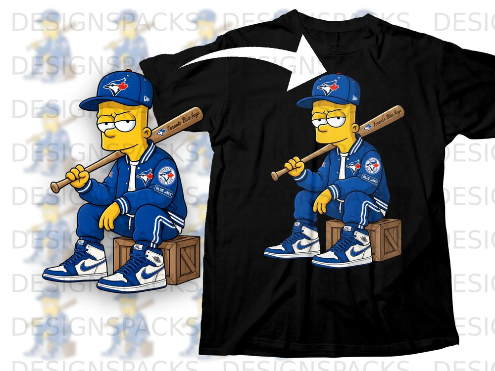 Bart Simpson wearing Toronto Blue Jays apparel, holding a baseball bat.