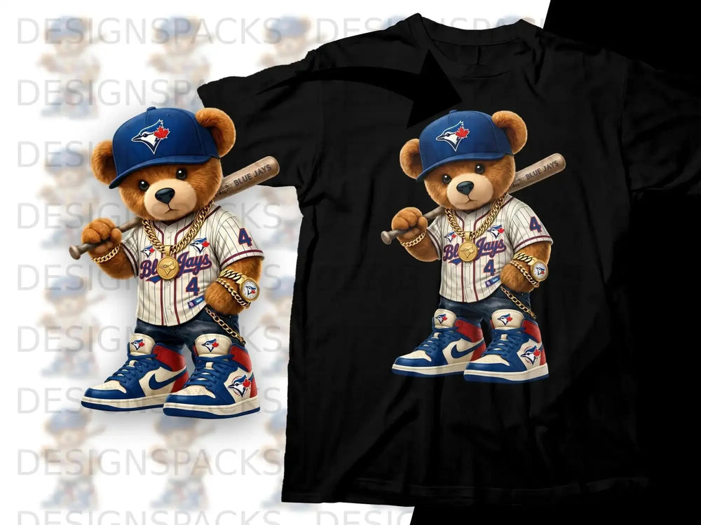 Bear wearing a blue Jays baseball uniform and holding a bat.