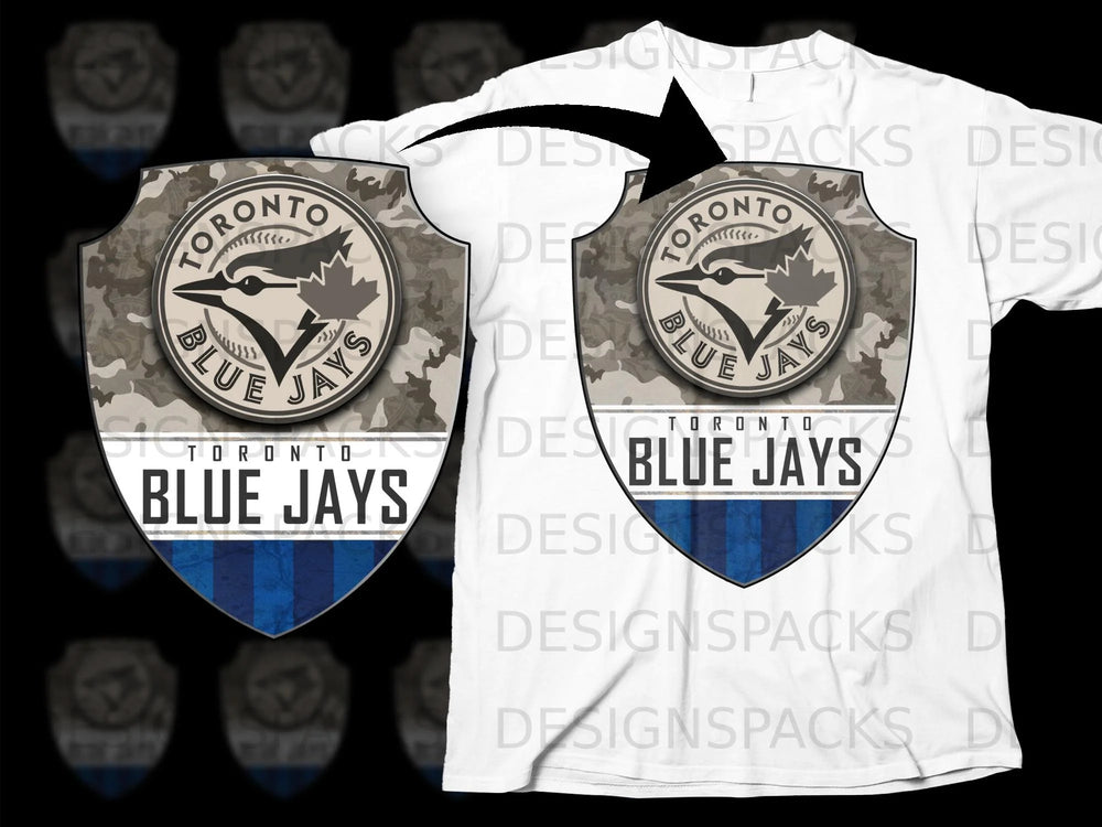 Toronto Blue Jays shield logo with camouflage and blue stripes on a white t-shirt.