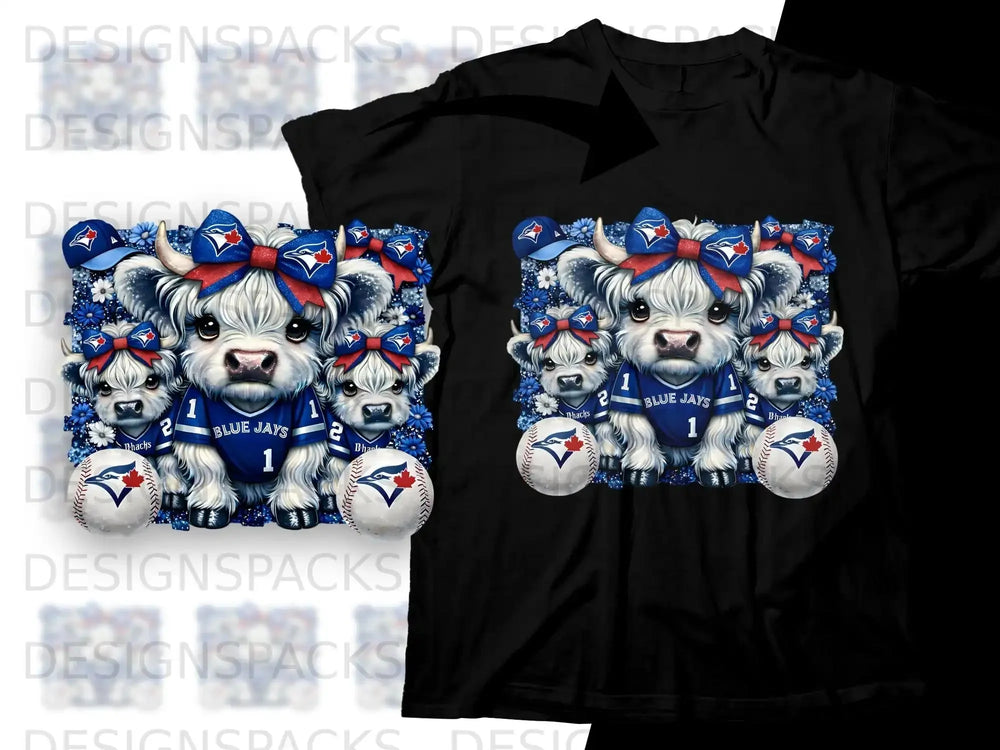 Blue Jays themed graphic with cows and baseballs on a t-shirt.