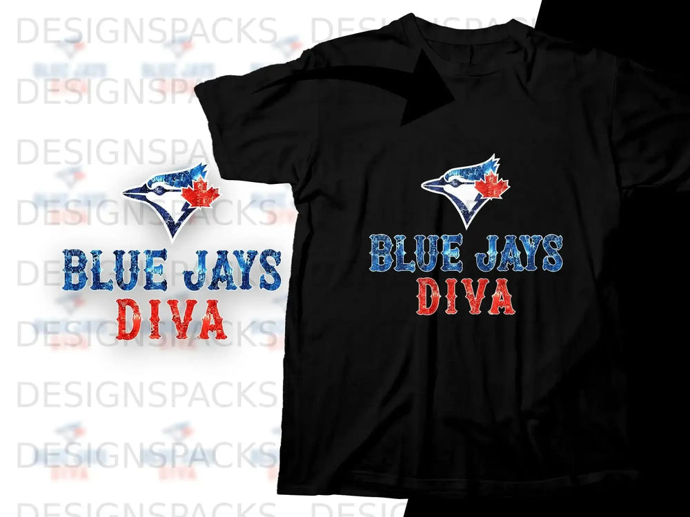 Black t-shirt with "BLUE JAYS DIVA" in distressed blue and red lettering.