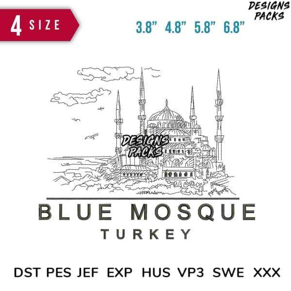 Blue Mosque Turkey embroidery design in 4 sizes, print-ready formats for DTG, DTF, and tumbler wraps