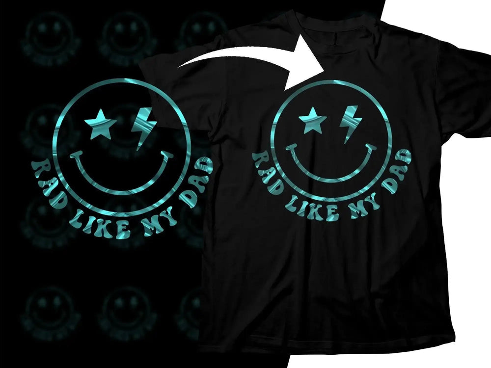 Rad Like My Dad t-shirt design with smiley face, star, and lightning bolt in teal