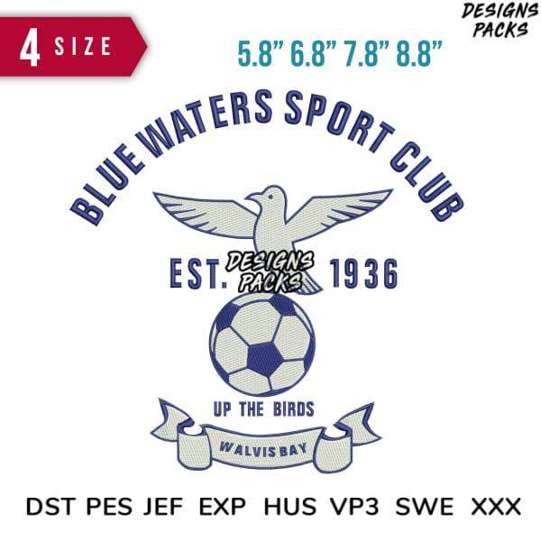 Blue Waters Sport Club soccer design with dove, ball, and banner for embroidery formats