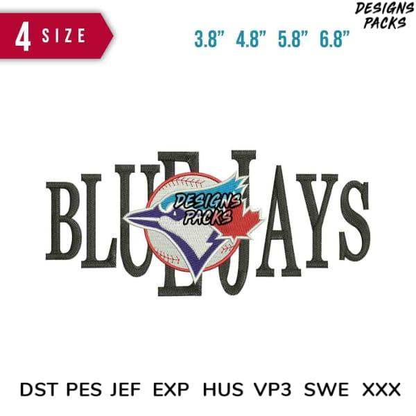 Blue Jays baseball embroidery design in 4 sizes, compatible with DST PES JEF formats for instant download.
