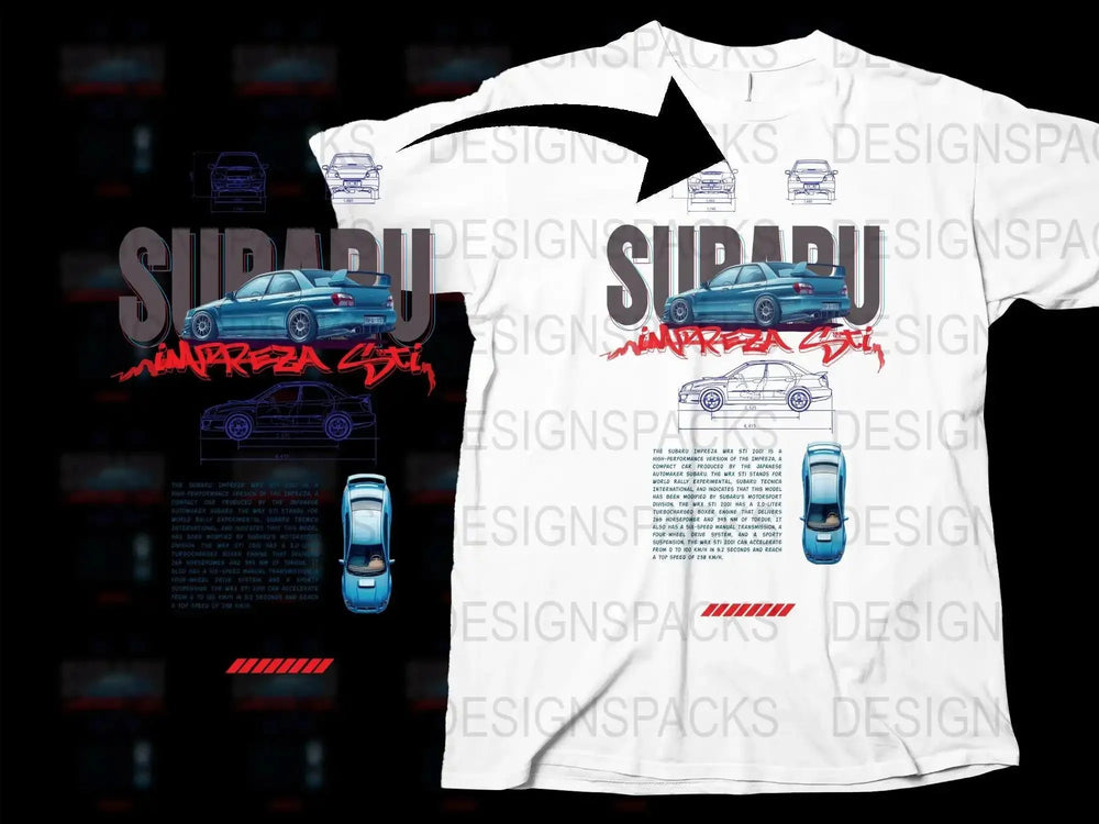 Blueprint Subaru Impreza STI Blue Retro Png Digital Download