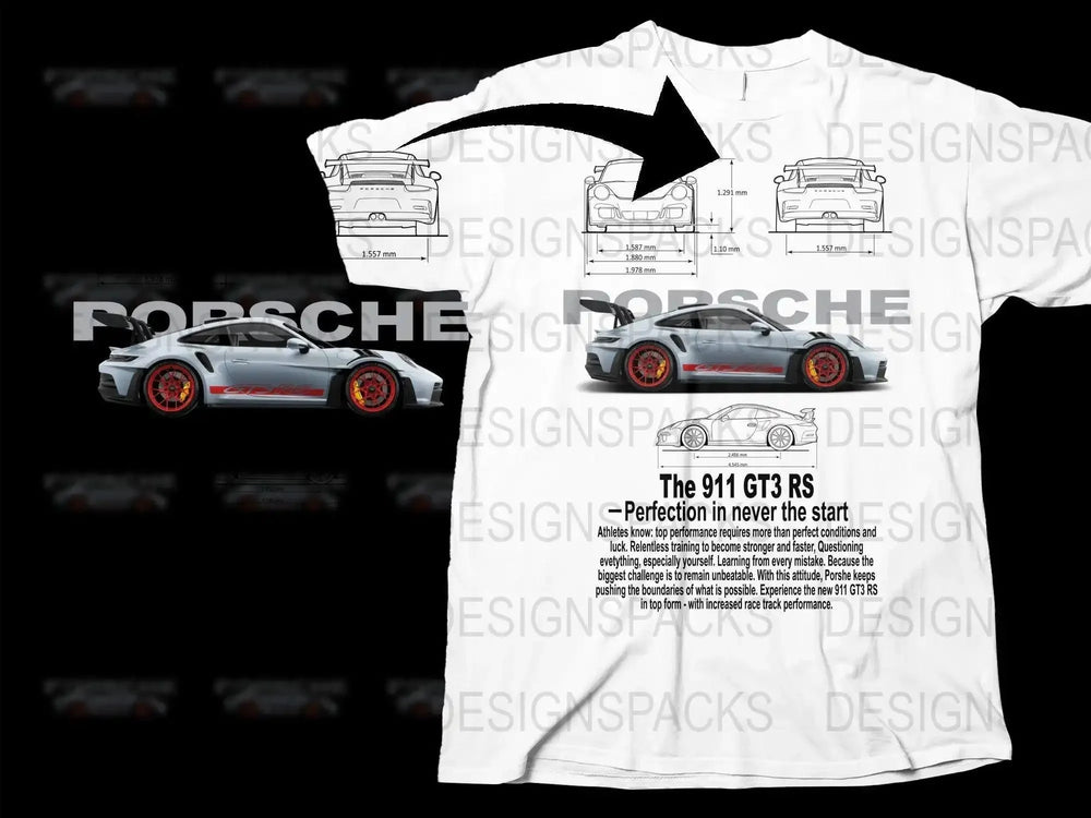 Porsche 911 GT3 RS t-shirt design with technical blueprints, car render, and performance text for DTF/DTG printing