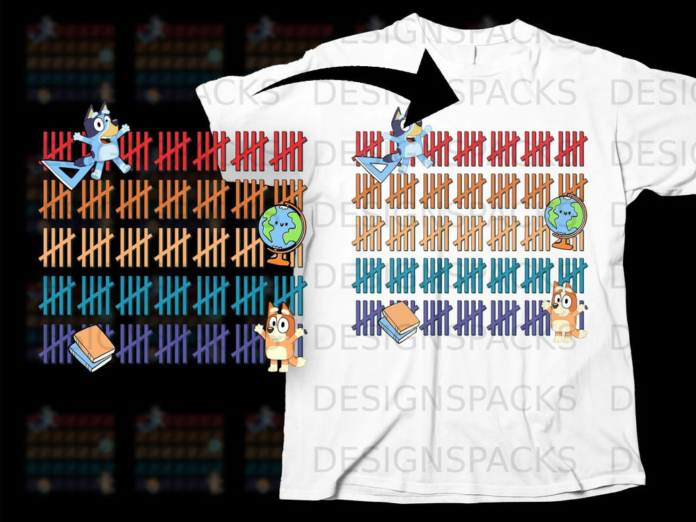 Bluey and Bingo with tally marks, books, and a globe design on a white t-shirt.