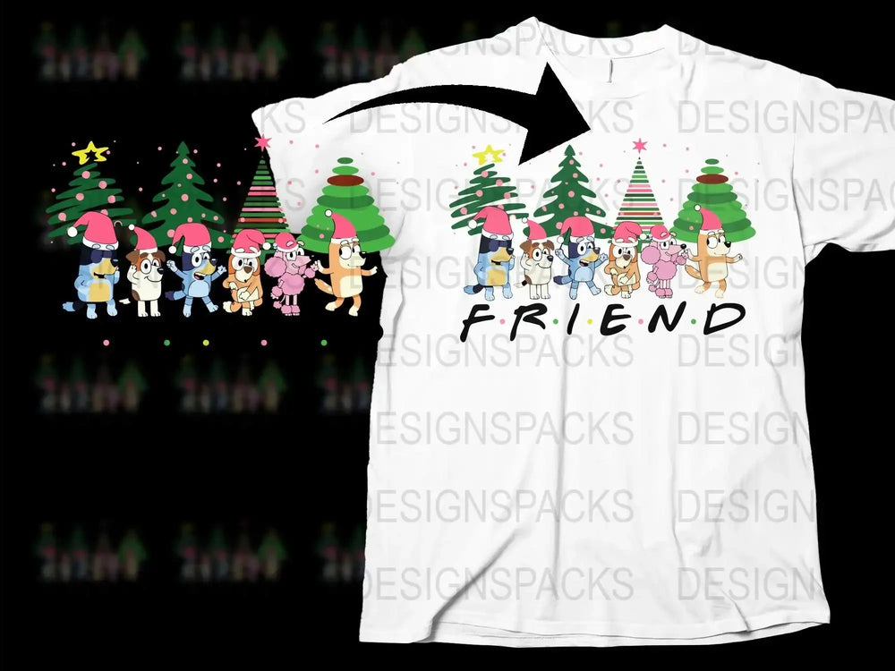 Friends Christmas T-Shirt, Holiday Group Tee, Festive Santa Hat Cartoon Characters, Unisex Gift Idea