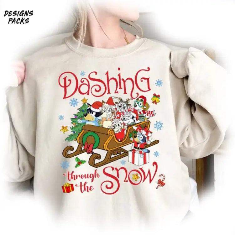 Bluey Dashing Through The Snow And Bingo Family Merry Christmas Png Design