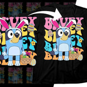 Bluey Easter design on black t-shirt with bunny ears, eggs, and basket for DTF/DTG printing