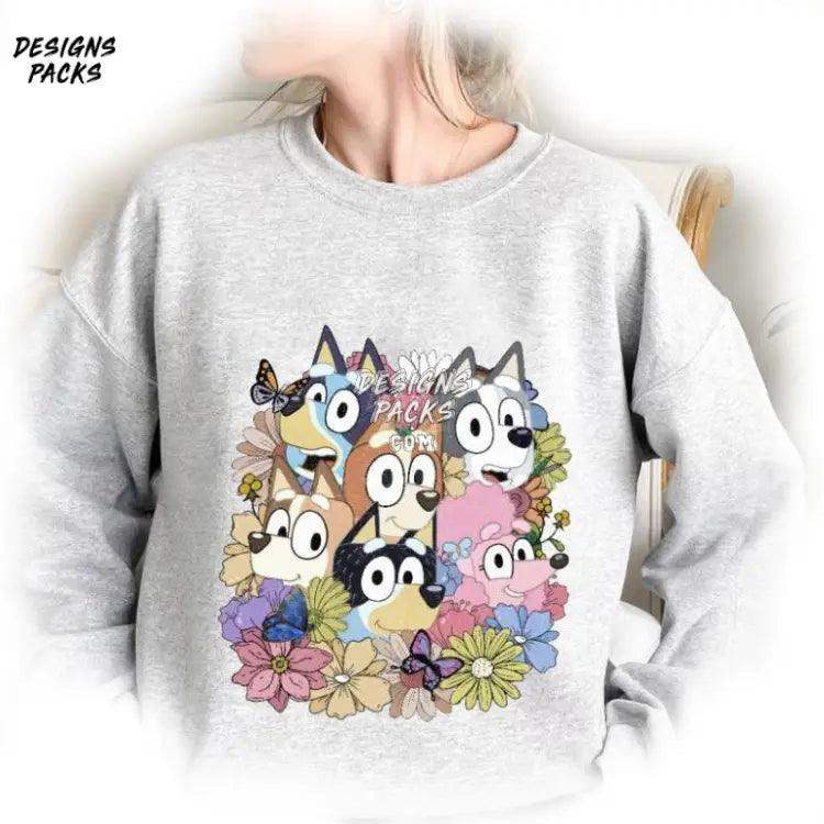 Bluey Family Heeler Vintage Floral And Friends Png Design