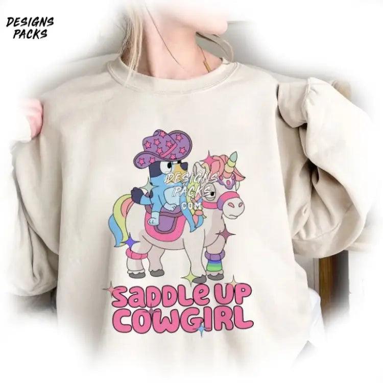 Bluey Unicorn Funny Christmas Kids Saddle Up Cowgirl Png Design