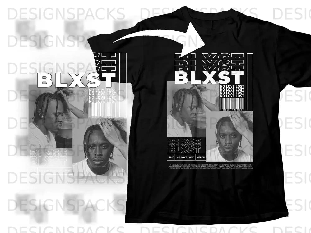 Black t-shirt with "BLXST NO LOVE LOST" graphic and artist portrait.