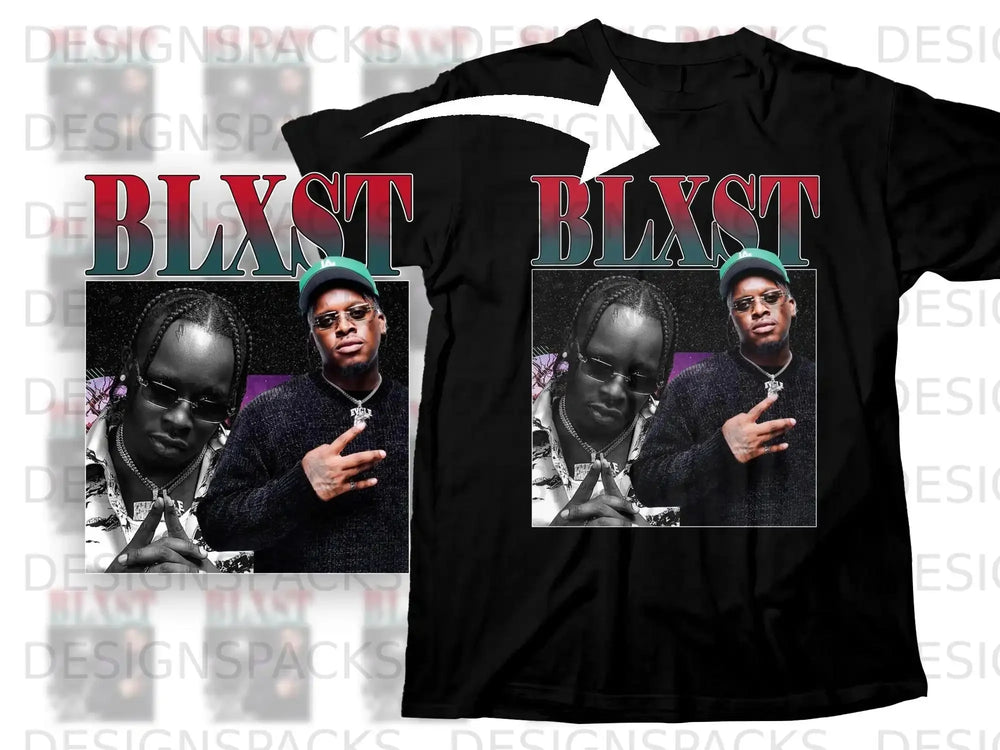 BLXST logo t-shirt with artist portrait on front.