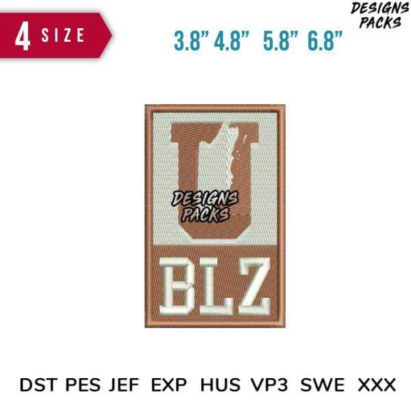 Embroidery design with 'BLZ' lettering in 4 sizes, compatible with DST PES JEF formats for instant download.
