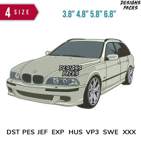 Embroidery design of BMW station wagon in 4 sizes, compatible with DST PES JEF formats for instant download.