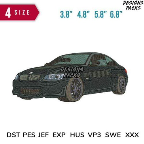 Embroidery design of a sleek black car in 4 sizes, compatible with DST PES JEF formats for instant download.