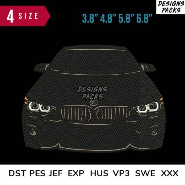 Embroidery design for car front view in 4 sizes, compatible with DST PES JEF formats, instant download