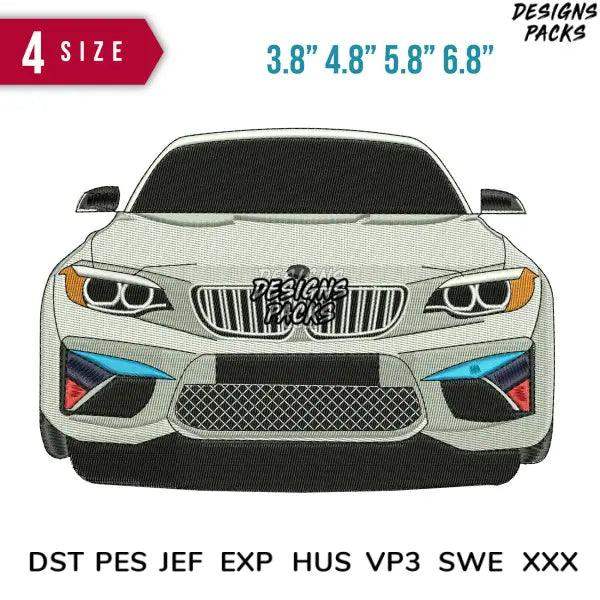 Embroidery design of white sports car front view, 4 sizes, DST PES JEF formats, print-ready for apparel